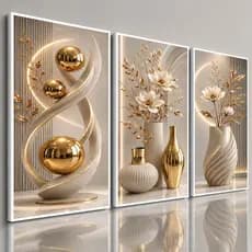 Kit 3 Quadros Decorativos Sala Quarto Escritório Luxo Abstrato Flores Dourado Bege Branco Moderno em Alta Qualidade