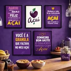 Kit Plaquinhas 5 Quadros Açaí 20x30 placas em madeira mdf para sorveteria açaiteria promoçao