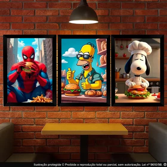 Quadros Decorativos 3 Peças Para Decoração de Hamburgueria Bordas Pretas Lanchonete Com Heróis Desenho Animado