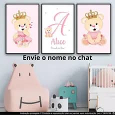 Kit Quadros Decorativos 3 Peças Com Nome e Letra Personalizada Decoração Infantil Para Quarto Menina
