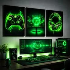 Kit Quadros 3 Peças Decorativos Moderno Gamer Controle Headset Monitor Luz Neon Verde Sala Quarto
