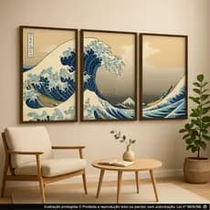 Quadros 3 Peças Decorativos Arte Japonesa Onda de Kanagawa Luxo Decoração Luxo Sala Quarto