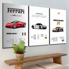 Kit Quadros Decorativos 3 Peças Carros de Luxo 918 Spyder Mclaren P1 Sala Quarto Escritório Decorativo Alta Qualidade 4K