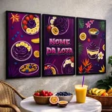 Kit Quadros 3 Peças Decorativos Açaí Frutas Tropicais Personalizado com Nome Sorveteria Loja Gourmet