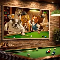 Quadro Decorativo Uma Peça Grande Gigante 110x80cm Mesa de Sinuca Com Animais Para Escritório e Bar