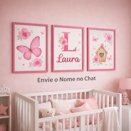 Quadros Decorativos 3 Peças Personalizado com Nome Borboleta Rosa Decoração Infantil Quarto Feminino