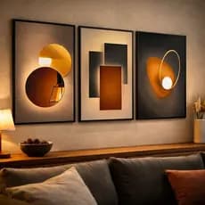 Kit Quadros 3 Peças Decorativos Modernos Sala Quarto Escritório Luxo Gold Abstrato Cores Fortes