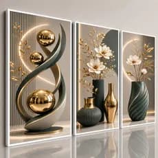 Kit 3 Quadros Sala De Estar Moderno Vasos Verde Escuro Esferas 3D E Flores Ouro Decoração Para Casa