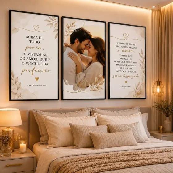 Quadros 3 Peças Decorativos Personalizados Versículos Motivacionais Com Foto Decoração Para Quarto Moderno Borda Preta