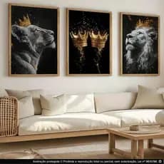 Quadros 3 Peças Decorativos Leão Leoa com Coroa Preto Dourado Sala Quarto Casal Luxo Moderna