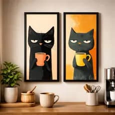 Quadros 2 Peças Decorativos Gatos Engraçados com Caneca Borda Preta Estilo Moderno Arte Divertida para Escritório Sala