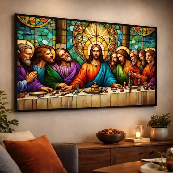 Quadro Decorativo Uma Peça 90x70 Grande Gigante Santa Ceia Estilo Vitral Arte Religiosa Sala Quarto