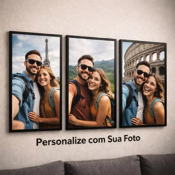 Quadros 3 Peças Decorativos Personalizados Com Foto de Casal Familia Logo Filme Viagens Sala Quarto
