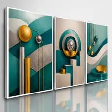 Kit 3 Quadro Decorativo Abstrato Azul e Dourado Grandes Para Parede Sala Quarto Escritório Moderno