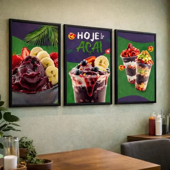 Quadros 3 Peças Decorativos Frases Hoje é Dia de Açaí Sorvete Sorveteria Delicia Decoração Alta Qualidade Moderna