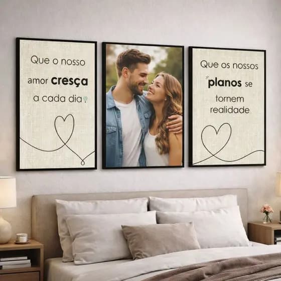 Quadros 3 Peças Decorativos Frases Motivacionais Personalizado Com Foto Casal Sala Quarto Moderno