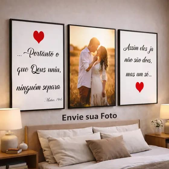 Kit Quadros 3 Peças Decorativos Personalizados com Foto e Frases de Casal Namorado Casamento Salmos Biblícos Sala Quarto