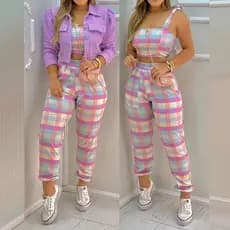 Conjunto feminino xadrez colorido vibrante festa junina elegante