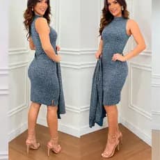 Vestido midi e cardigan malha xadrez Look Festa Junina