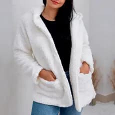 Casaco Teddy longo Feminino com Capuz e bolsos Peluciado Quente Inverno
