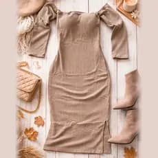 Vestido Midi Canelado Tubinho western Nude Manga Longa de Malha Outono Inverno Elegante