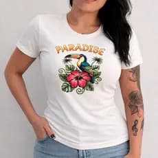 Camiseta Feminina Paradise Tucano Tropical Estampa Floral Verão 2026