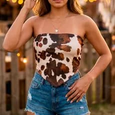 Top Cropped Faixa Vaquinha Tomara Que Caia cow print look country rodeio