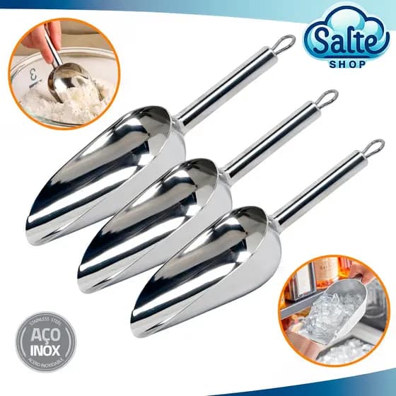 Kit 3 Colheres Pás De Cozinha Em Aço Inox Grande Para Gelo Cereais Grãos Multiuso 23x8CM