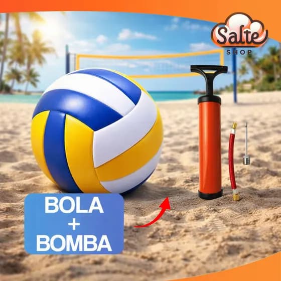 Kit Bola de Volei + Bomba de Encher Ar Quadra Praia Areia Voleibol 22cm Profissional Costurada