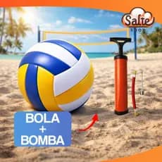 Kit Bola de Volei + Bomba de Encher Ar Quadra Praia Areia Voleibol 22cm Profissional Costurada