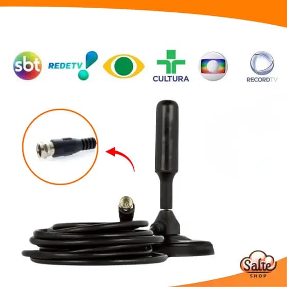 Antena TV Digital Interna UHF HDTV Cabo 4 Metros Base Magnética Recepção Sinal HD Multi Canais