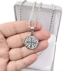 Presente Medalha São Bento Duplaface + Cordão Baiano Aço Inoxidavel Prateado 45/60/70cm Barato