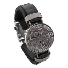 Pulseira Bracelete Masculino Couro Preto Medalha São Bento