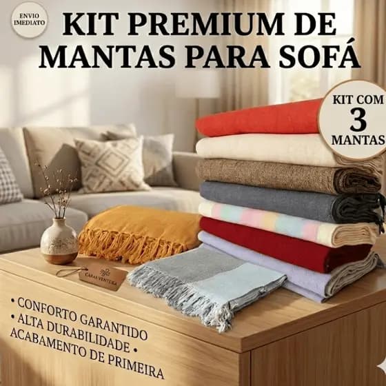LEVE 3: Kit Mantas de Sofá Grande 100% Algodão 2,10m x 1,20m Algodão Macio Envio Imediato