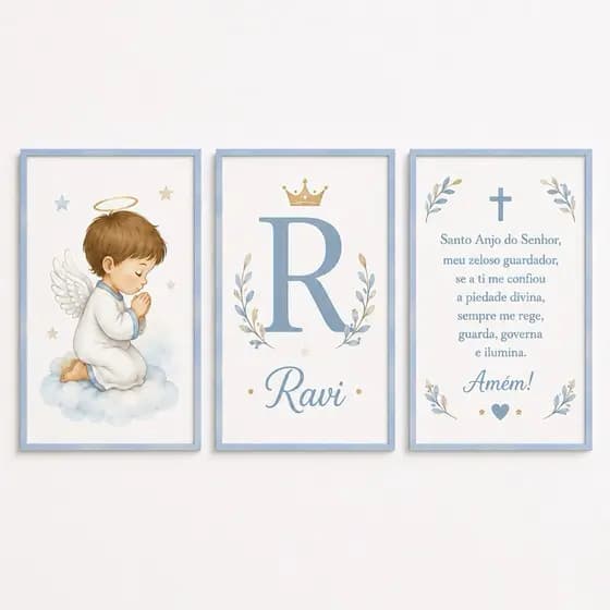 Kit 3 Quadros Decorativos Infantil Santo Anjo Azul Personalizado com Nome