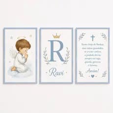 Kit 3 Quadros Decorativos Infantil Santo Anjo Azul Personalizado com Nome