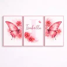 Kit 3 Quadros Decorativos Borboletas Rosa Intenso Personalizado Nome
