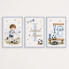 Kit 3 Quadros Decorativos Infantil Futebol Personalizado com Nome e Inicial