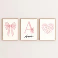 Quadro Personalizado Infantil Laço Rosa com Nome | Kit 3 Quadros Decorativos MDF sem Moldura
