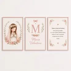Kit 3 Quadros Decorativos Infantil Santo Anjo Floral Personalizado com Nome
