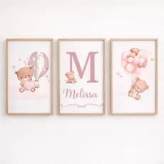 Kit 3 Quadros Decorativos Infantil Ursinho Rosa Personalizado Nome em MDF