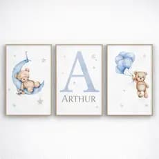 Kit 3 Quadros Decorativos Infantil Ursinho Lua Azul Personalizado Nome MDF