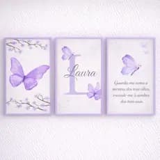 Kit 3 Quadros Decorativos Infantil Borboleta Lilás Personalizado Nome MDF
