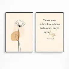 Kit 2 Quadros Decorativos Frase Bíblica Minimalista Mateus 6:22 Flor Abstrata