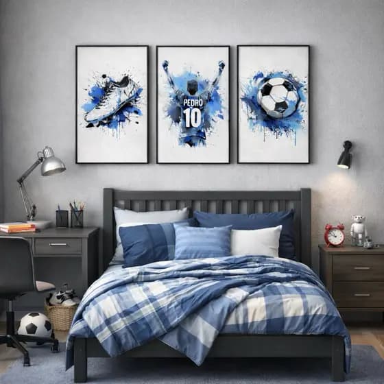 Kit 3 Quadros Decorativos Infantil Futebol Azul Personalizado Nome e Número MDF