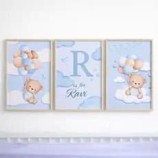 Kit 3 Quadros Decorativos Infantil Ursinho Azul Balões Personalizado Nome
