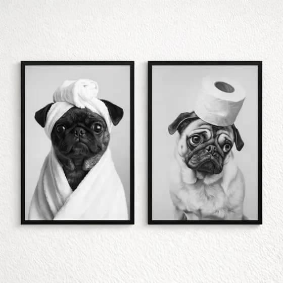 Kit 2 Quadros Decorativos Cachorro Pug Engraçado Preto e Branco