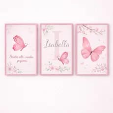 Kit 3 Quadros Decorativos Infantil Borboleta Personalizado Nome e inicial