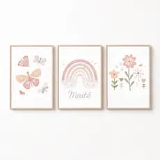 Kit 3 Quadros Infantil Borboleta Arco-Íris Nome Personalizado Decoração