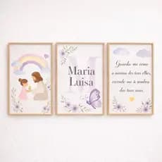 Kit 3 Quadros Infantil Religioso Jesus com Criança Lilás Personalizado Nome e Inicial
